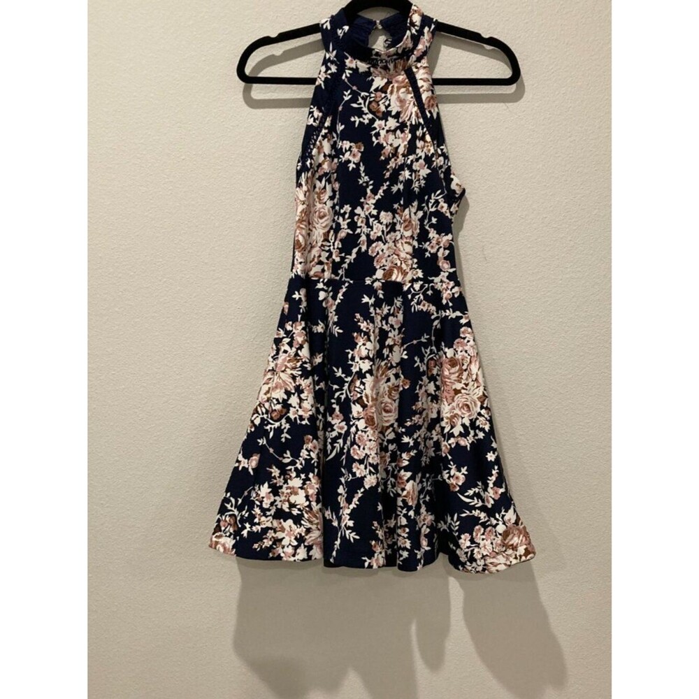 B Darlin Navy Black Pink Floral Lace Trim Halter Dress 3/4